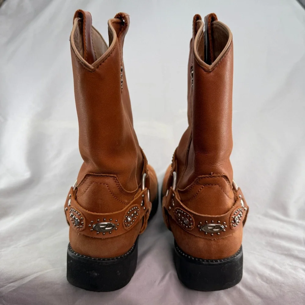 Roper 9.5 Brown Leather Western Harness Chunk Boots Studded Lug Sole Womens